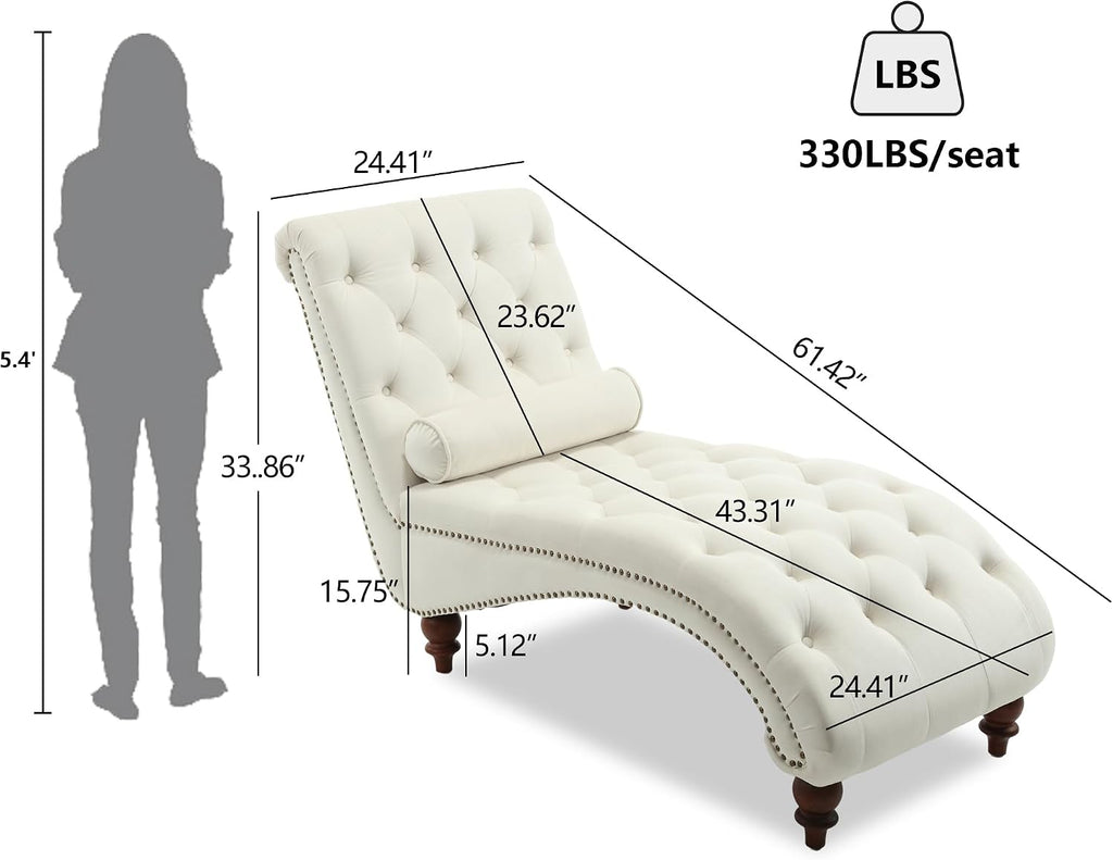 Button-Tufted Chaise Lounge Indoor, Velvet Chaise Lounge Chair with Legs & Toss Pillow, Armless Rolled Backrest Leisure Sofa Recliner for Living Room Bedroom (Begie)