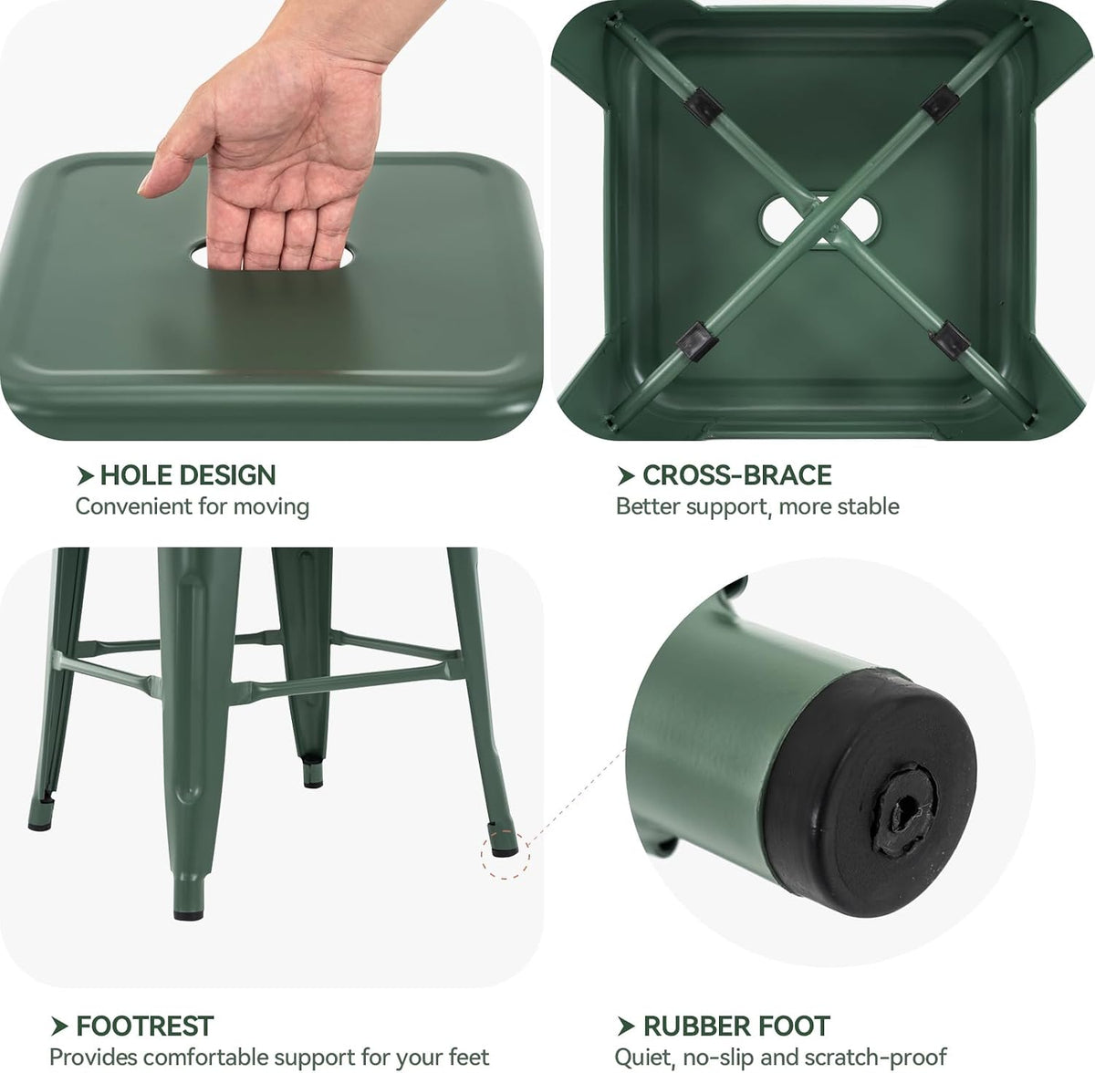 24 Inch Metal Bar Stools Set of 2, Stackable for Indoor Outdoor, Dark Green