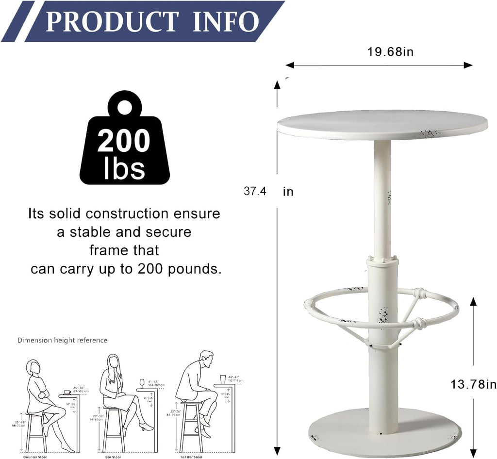 Industrial Pub Table 23.6" Iron Round Desktop 37.4" Height Cast Iron Bar Table Antique White