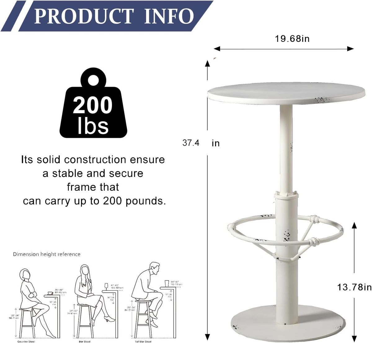 Industrial Pub Table 23.6" Iron Round Desktop 37.4" Height Cast Iron Bar Table Antique White