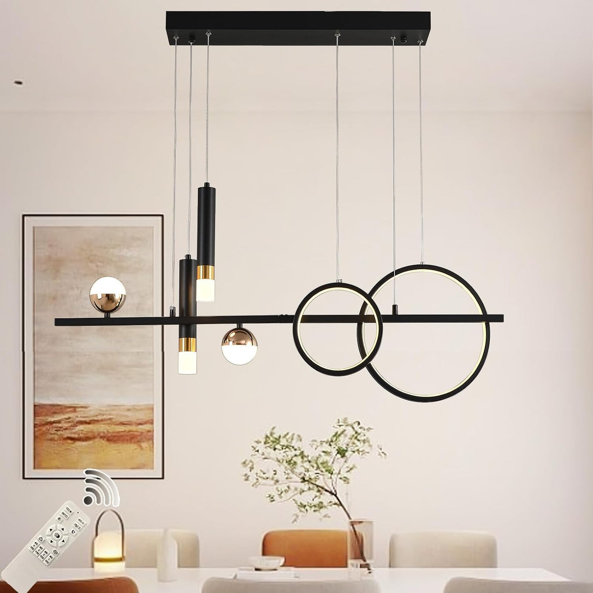 Siittoo Modern Linear Chandelier, Dimmable LED Pendant Light with Remote