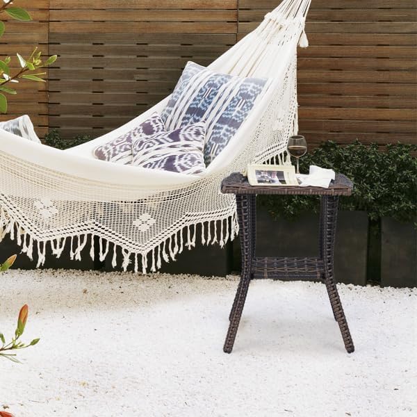 Outdoor Wicker Side Table, Rattan End with Glass Top, Patio Coffee Bistro for Indoor Garden Porch Balcony (Brown)