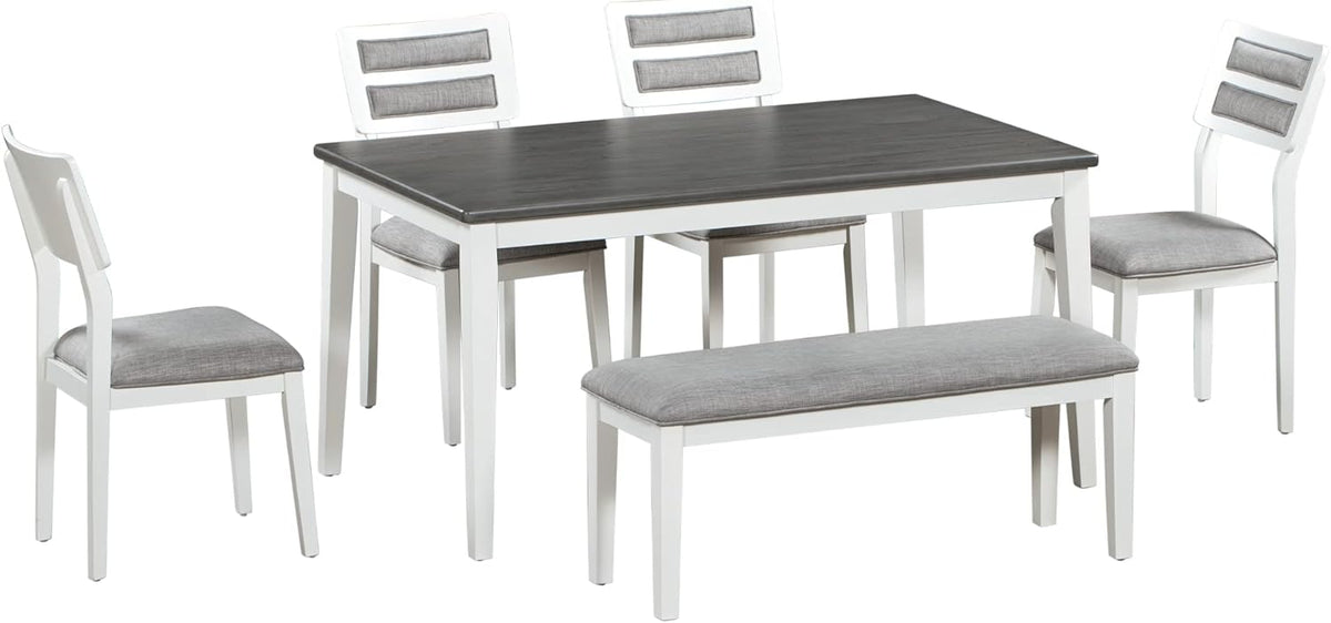 Harper & Bright Designs Classic and Traditional Style 6 - Piece Dining Set, Includes Dining Table, 4 Upholstered Chairs & Bench (White+Gray), (ST000043AAK-MZJ)