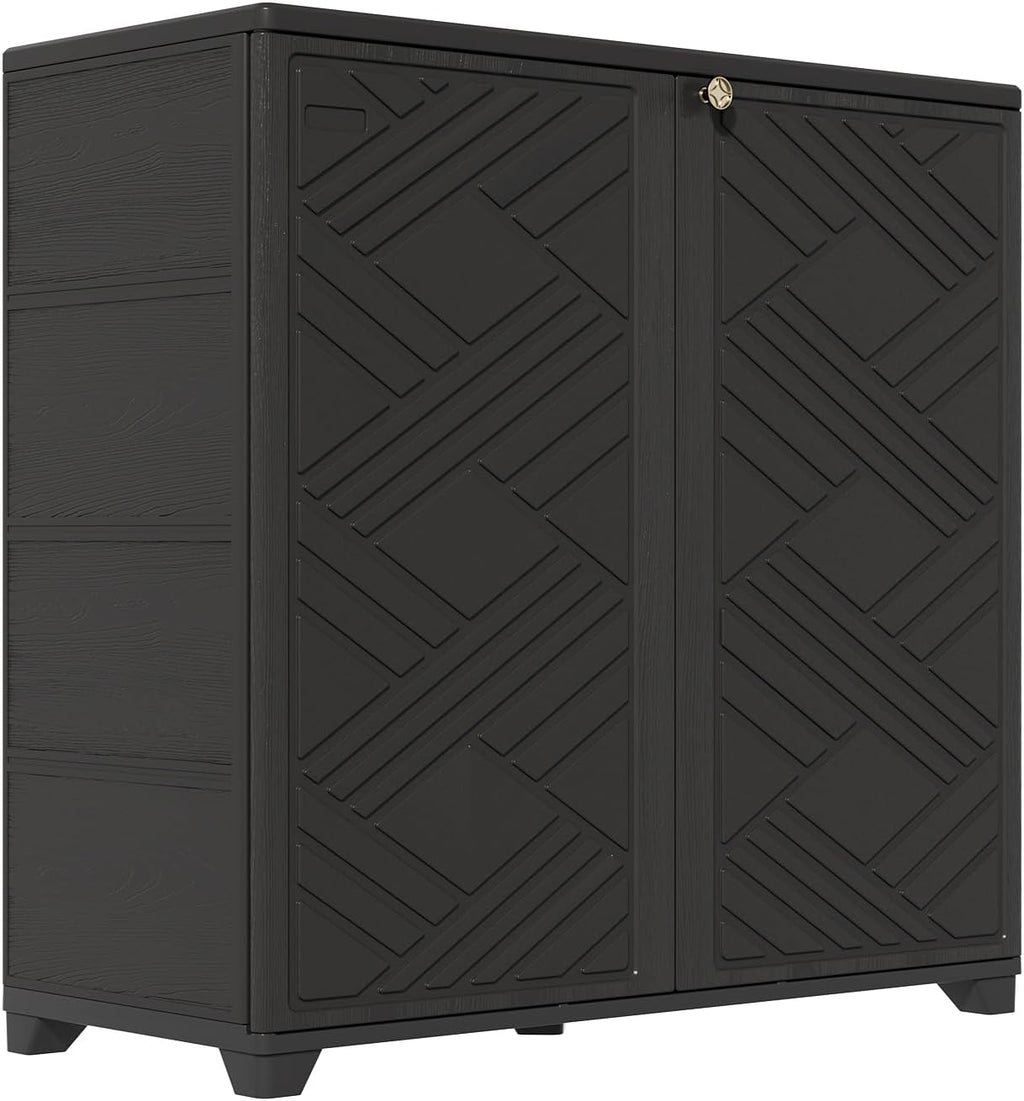 HOMSPARK Indoor/Outdoor Storage Cabinet with Doors and 2 Metal Shelves, 34”x15”x34” HDPE Plastic Storage Box for Patio, Garden, Enterway, Balcony, Multi-Purpose for Daily Tools, Black