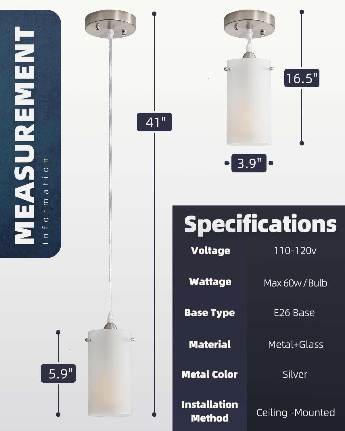 1-Light Mini Pendant Light Fixtures, Modern Chandelier Hanging Ceiling Light with White Frosted Shade, Brushed Nickel Pendant Lighting Adjustable Height, 2 Pack