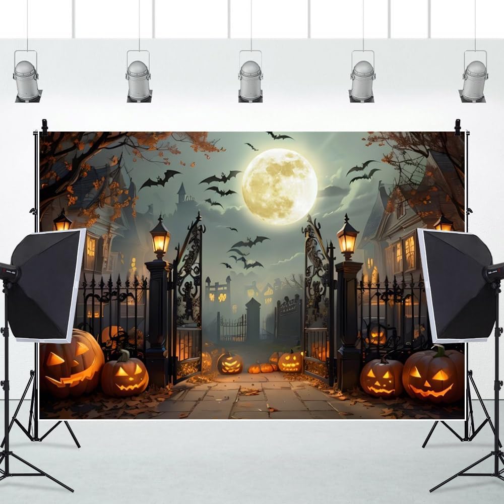 12x8ft Halloween Backdrop Scary Full Moon Night Pumpkin Ghost Castle Hallowee...