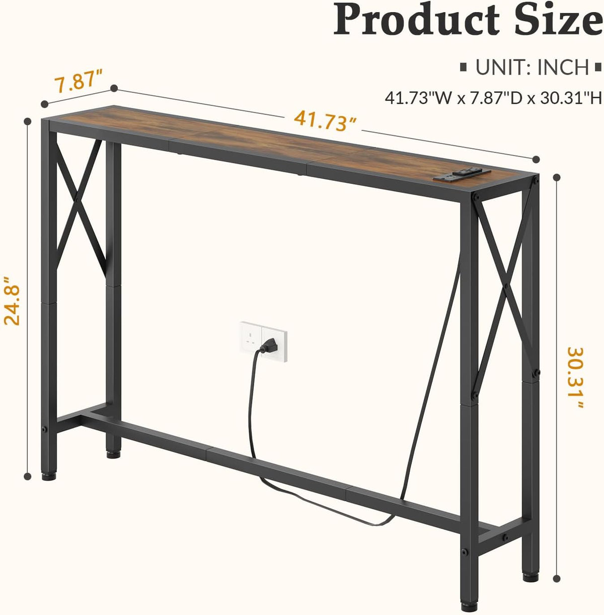 Gewudraw Narrow Console Table with Socket, Sofa Table Behind Couch, Brown