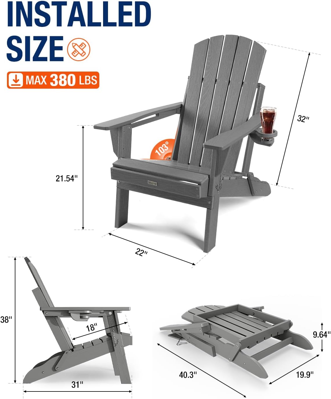 Adirondack Chair with Cup Holder: Folding Adirondack Chairs Plastic HDPE Material Furniture - Composite Fire Pit Chairs Foldable for Outdoor/Backyard/Garden/Lawn/Deck/Porch/Patio