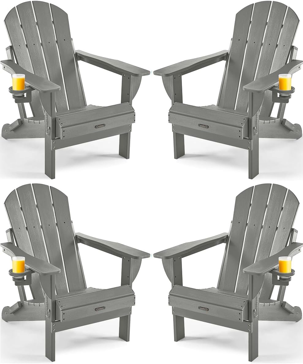 Ciokea Folding Adirondack Chair Wood Texture 4 Pack, Patio Adirondack Chair Weather Resistant, Plastic Fire Pit Chair with Cup Holder, Lawn Chair for Outdoor Porch Garden Backyard Deck (Grey)