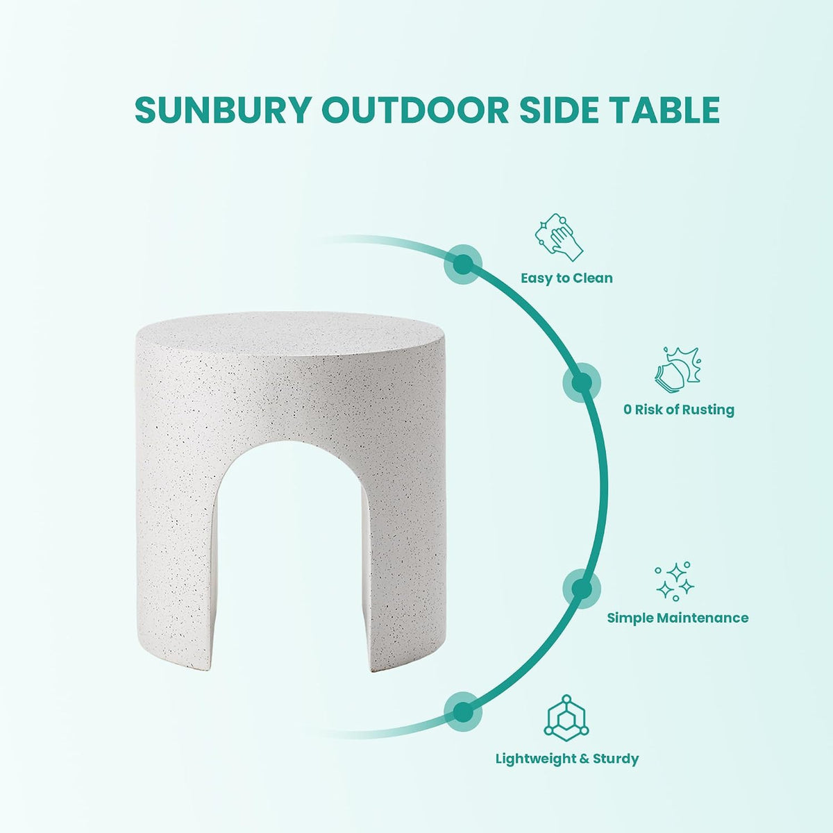 SUNBURY Outdoor Side Table, 16" W Concrete End Table Round w Arch Pedestal