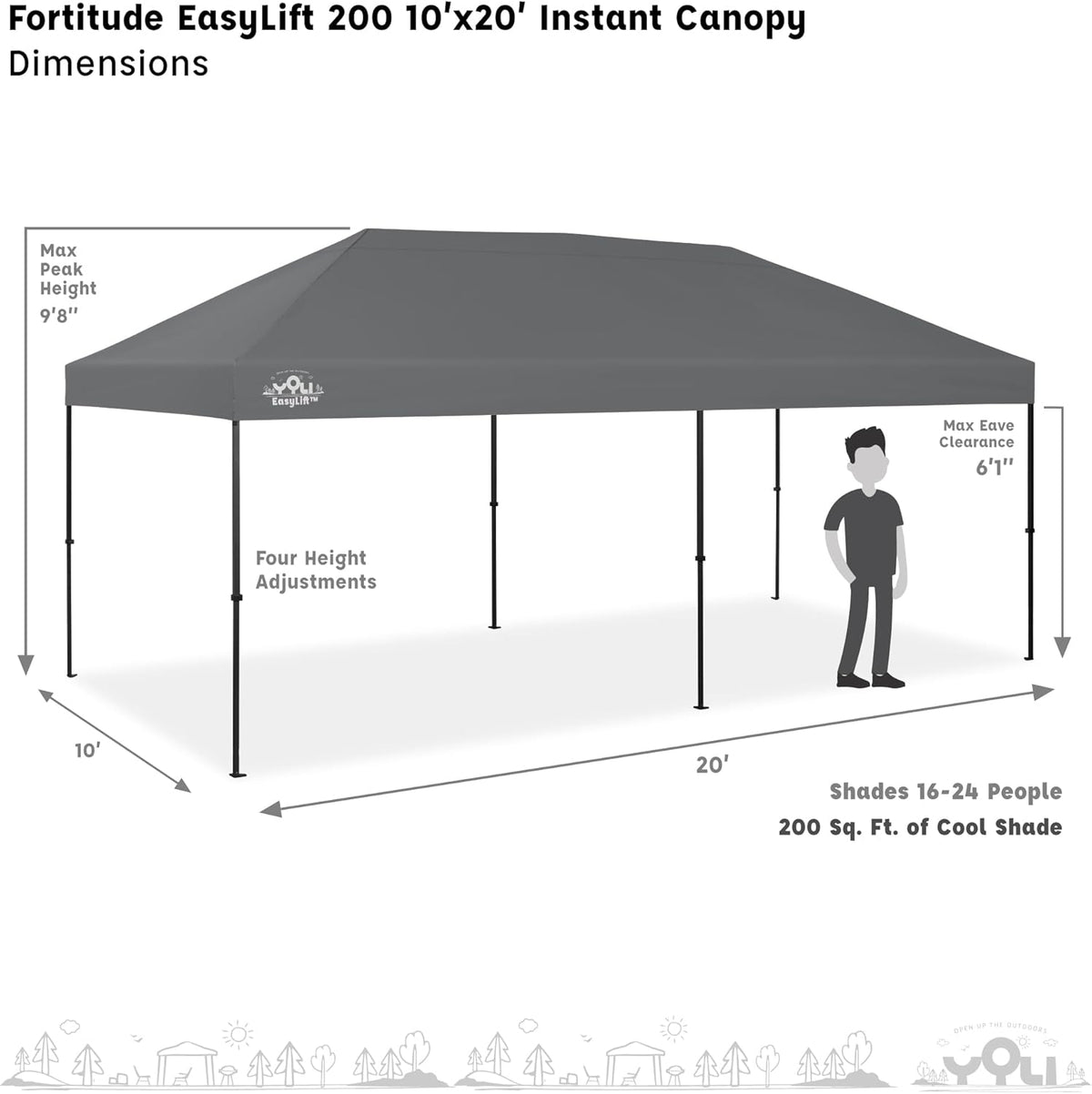 YOLI Fortitude EasyLift 200 Instant Pop-Up Canopy, 10x20 Heavy Duty Pavilion with EasyLift Tech & Heat Reflective Top – Gray