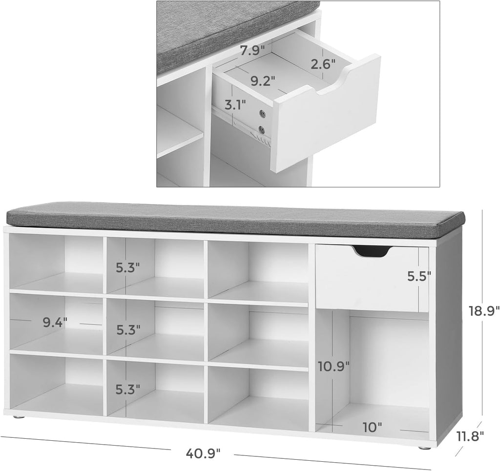 VASAGLE Shoe Bench with Cushion, Storage Bench, 10 Compartments