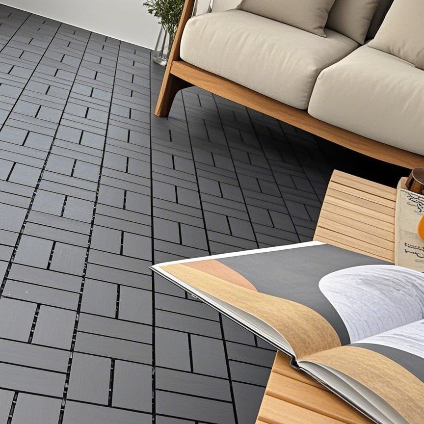 Plastic Interlocking Deck Tiles (44 PCS), 12x12 Inches Waterproof Outdoor Patio Flooring, Easy Snap Balcony Floor Tiles for Garden, Poolside, Backyard, Pathway, Indoor Use, Dark Grey, Grid Pattern
