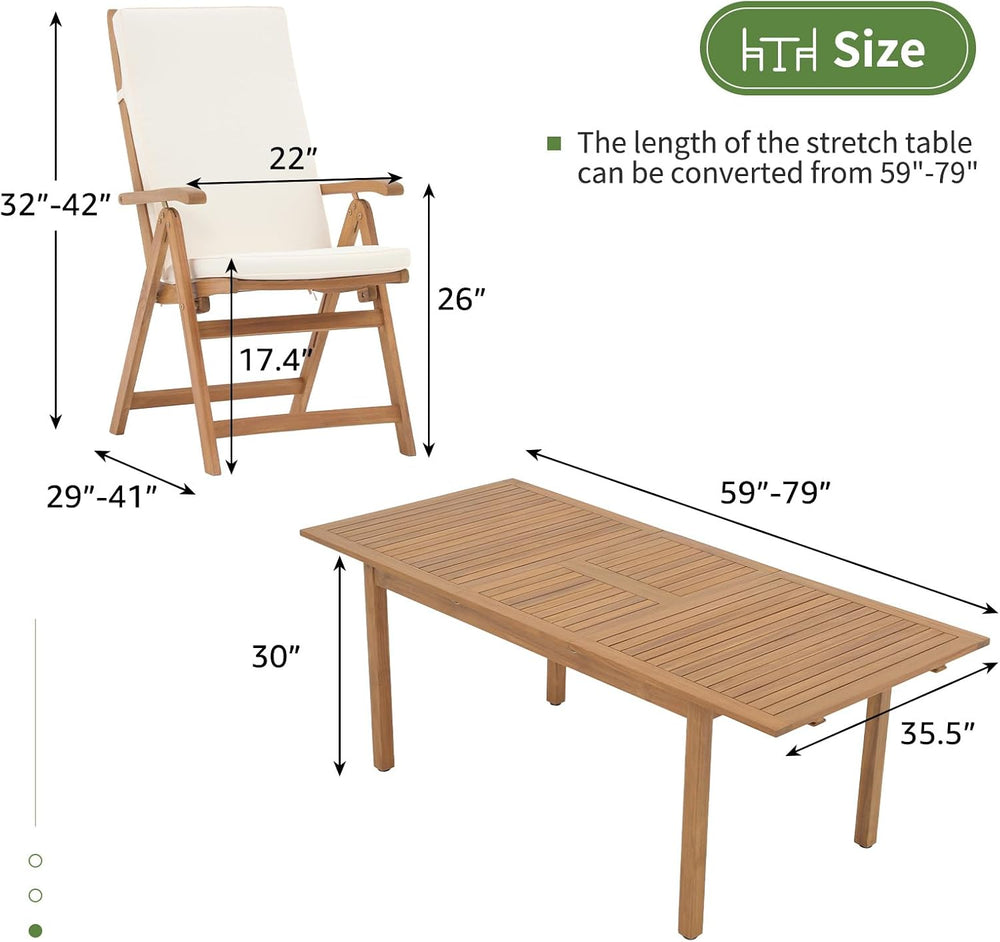 OC Orange-Casual 7 Piece Patio Dining Set, Wood Table and Chairs, Beige