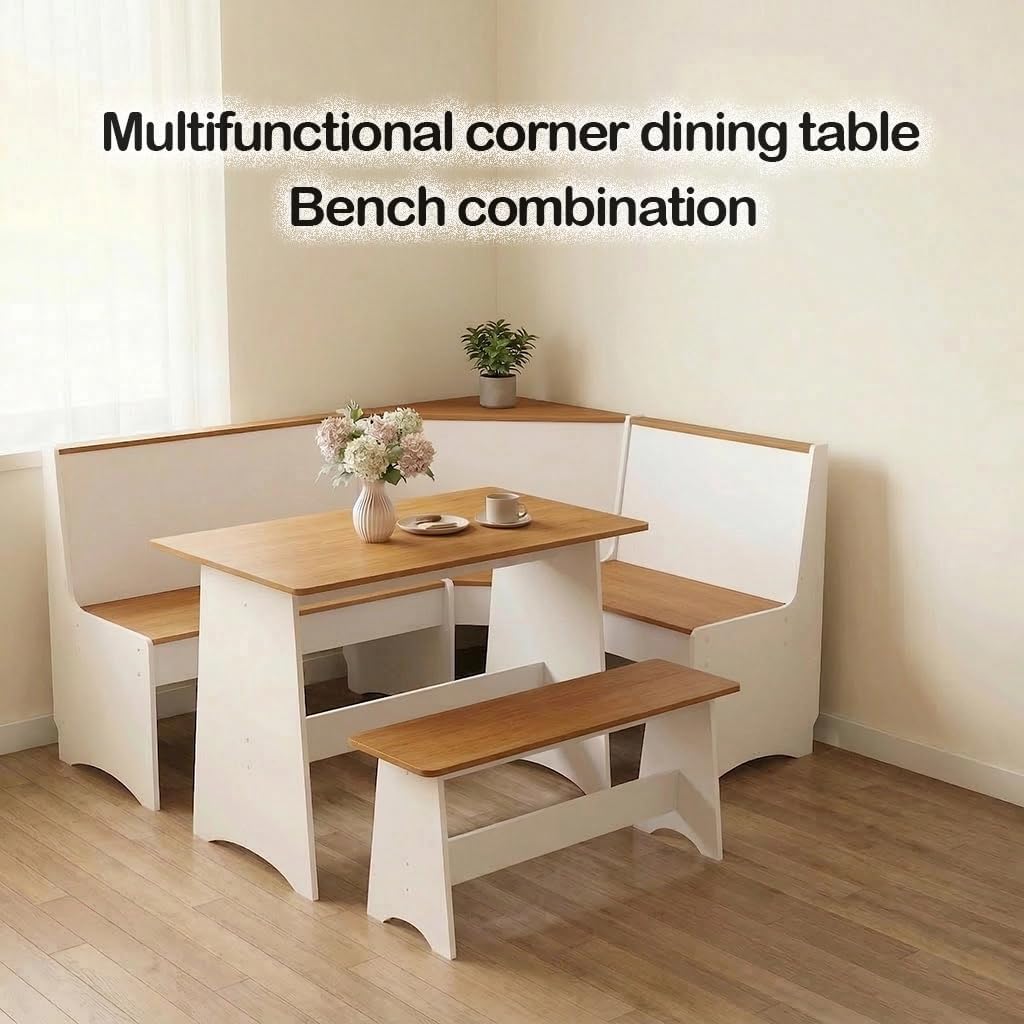 Farmhouse Breakfast Nook Table Set, Dining Nook Set with Corner Bench,with Storage Function Mid Century Modern Small Dining Table Set, Kitchen Table Corner Set (White + Natural)