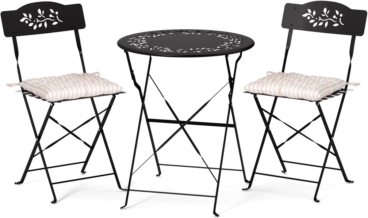 VINGLI Outdoor Folding Bistro Table and Chairs Set of 2, 3-Piece Bistro Set with Olive Leaf Cutout Design and Comfortable Cushions for Patio, Balcony, Garden, Porch, Yard, Black