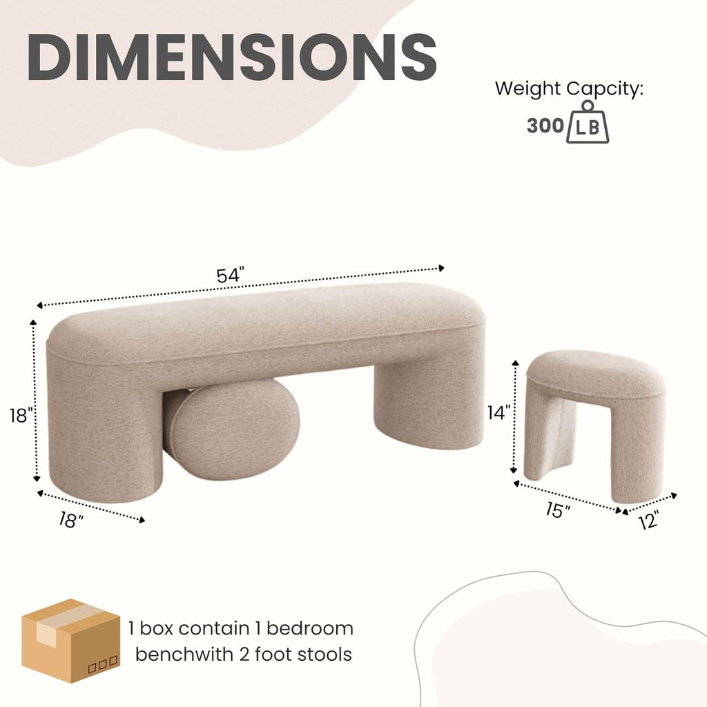 53" Chenille Ottoman Bench with 2 Nesting Ottomans, Oatmeal