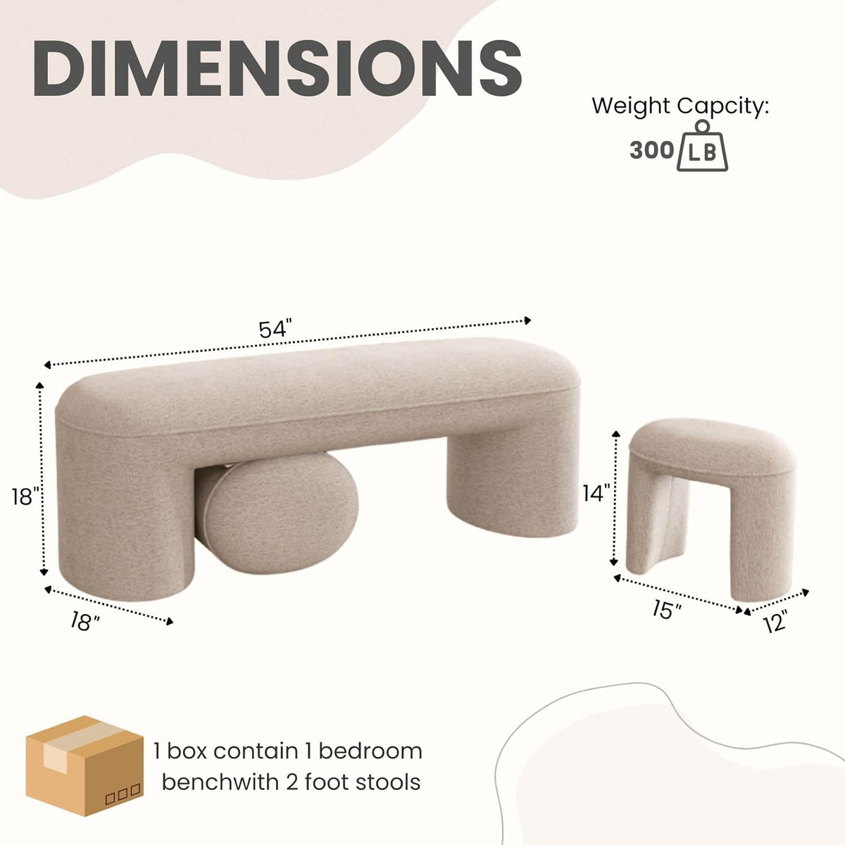 53" Chenille Ottoman Bench with 2 Nesting Ottomans, Oatmeal