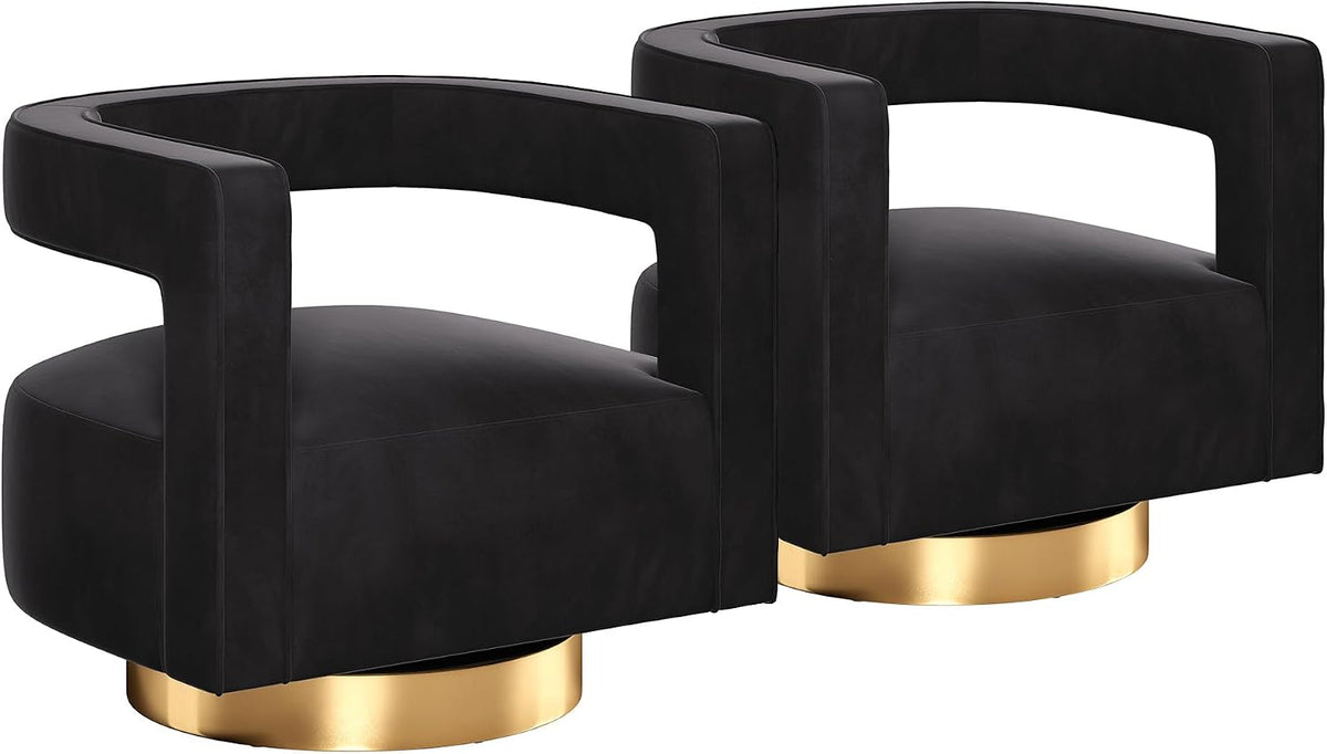 BELLEZE Swivel Barrel Accent Chair Set of 2, Modern Upholstered Arm Comfy Velvet Curved Back Round Chair with Gold Base Wood Frame, 360 Degree for Living Room Bedroom Office,Black