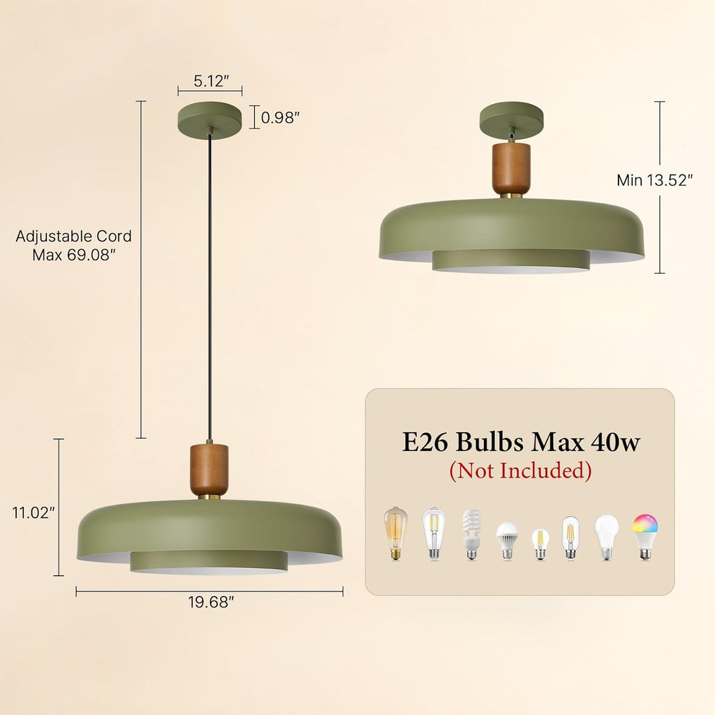 mid century green pendant light: 20" 2-tiered lighting, side view