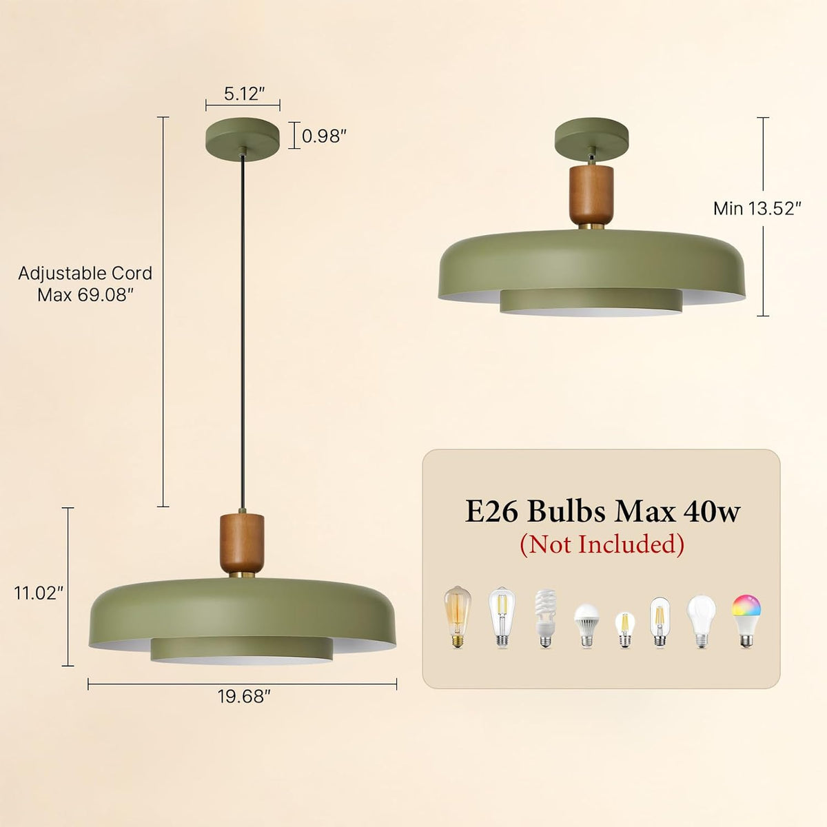 mid century green pendant light: 20" 2-tiered lighting, side view