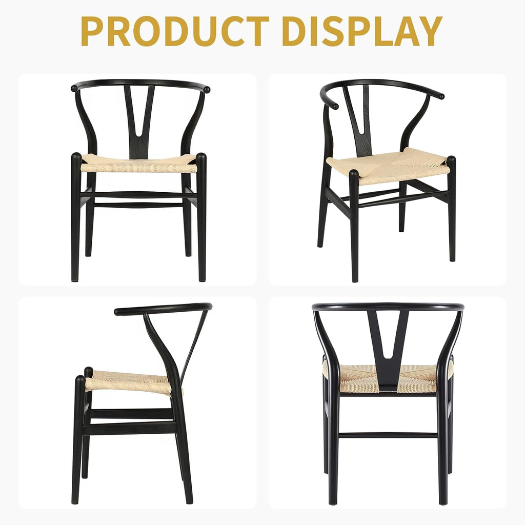 Wishbone Chairs Set of 4, Dining Chairs (Black Frame + Natural Cord)