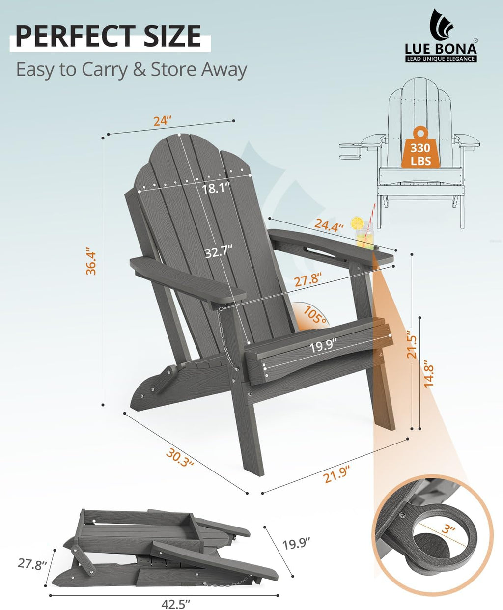 LUE BONA Folding Adirondack Chair, Cup Holder, Woodgrain, Fire Pit, Patio, Pool, Dark Grey