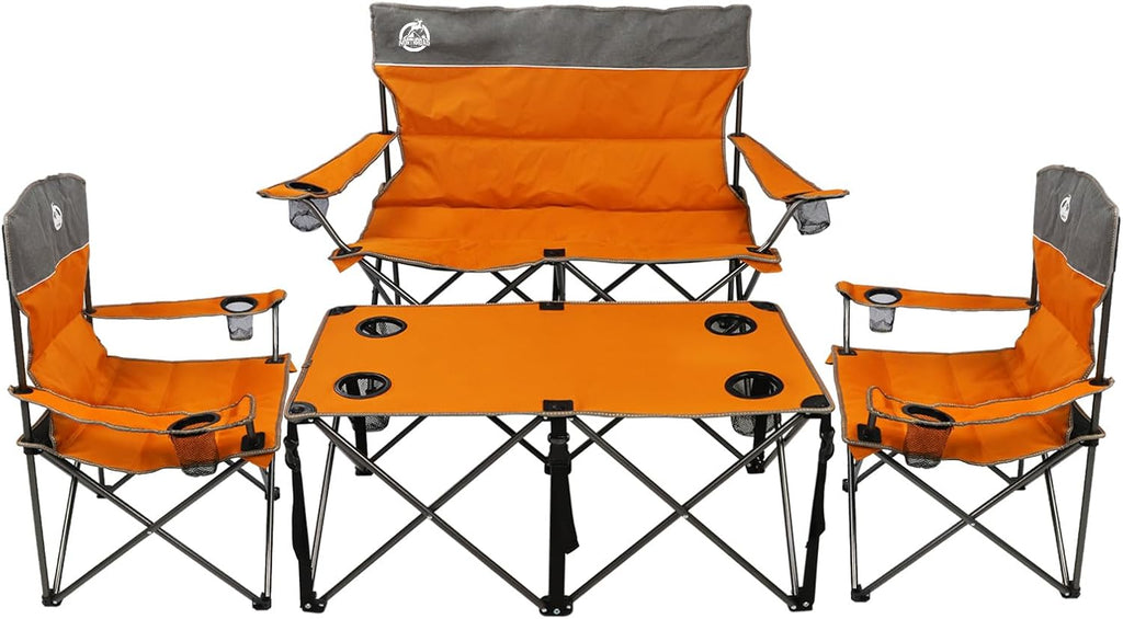Northroad Folding Camping Chair Set of 4, Portable Collapsible Conversation Set w/1 Sofa, 2 Single Chairs, 1 Table for Family Patio, Outdoor Travel, Beach(Orange)