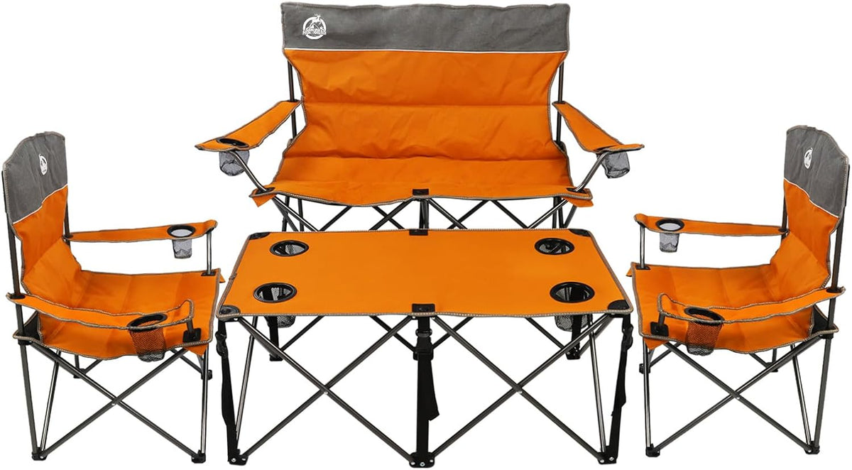 Northroad Folding Camping Chair Set of 4, Portable Collapsible Conversation Set w/1 Sofa, 2 Single Chairs, 1 Table for Family Patio, Outdoor Travel, Beach(Orange)