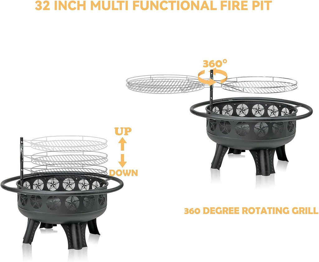 Verdeluxe 32 Inch Outdoor Fire Pit with Grill 3-in-1 Wood Burning