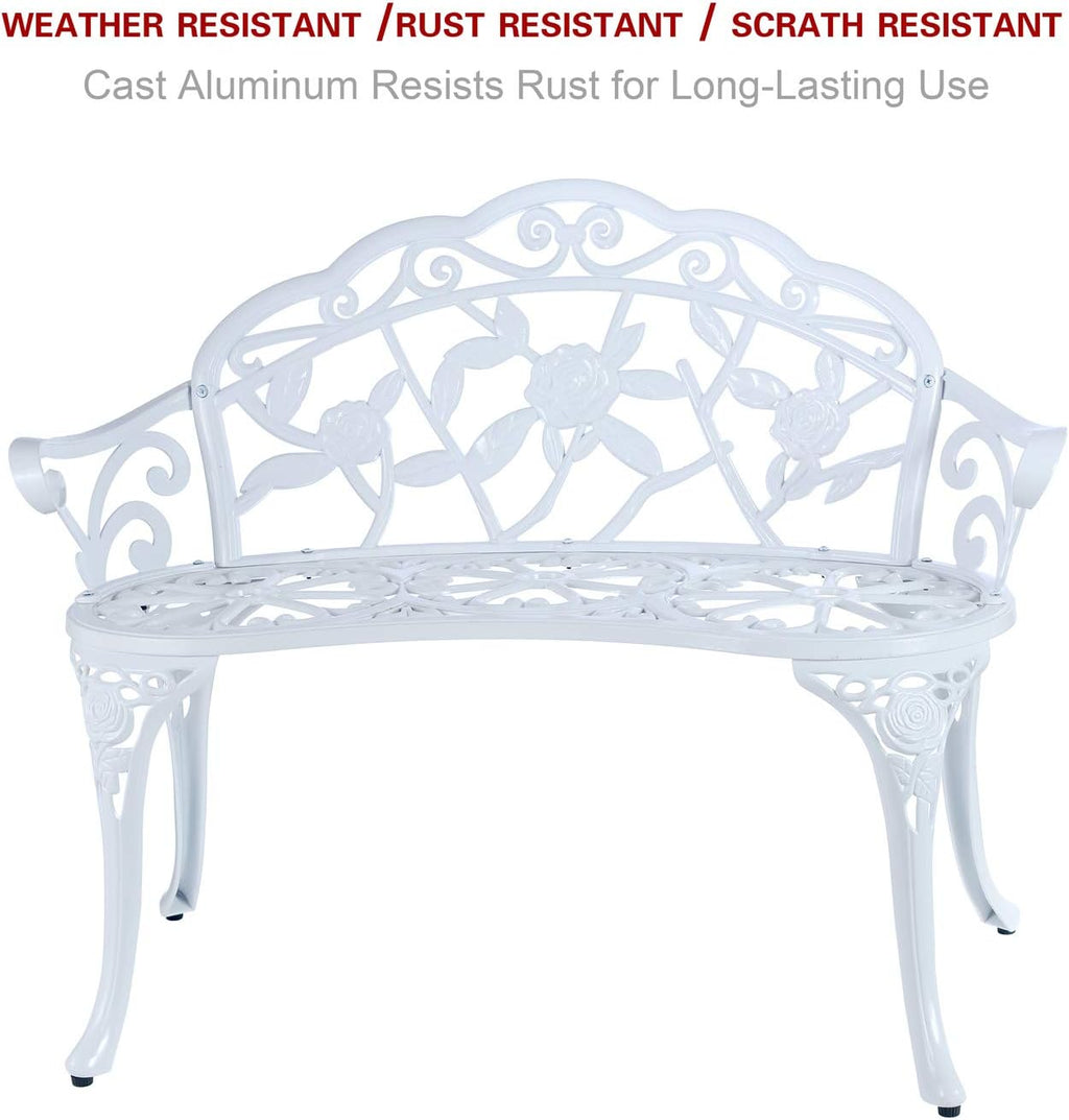 Patio Balcony Bench Double Seat, Anti-Rust Cast Aluminum Patio Garden Bench for Park Yard Outdoor Furniture White.1