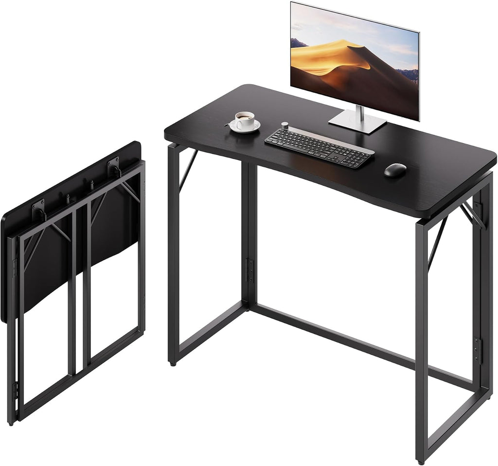 JOYMOOP 31.5" Black Folding Desk, No Assembly, Wooden Top, Small Size