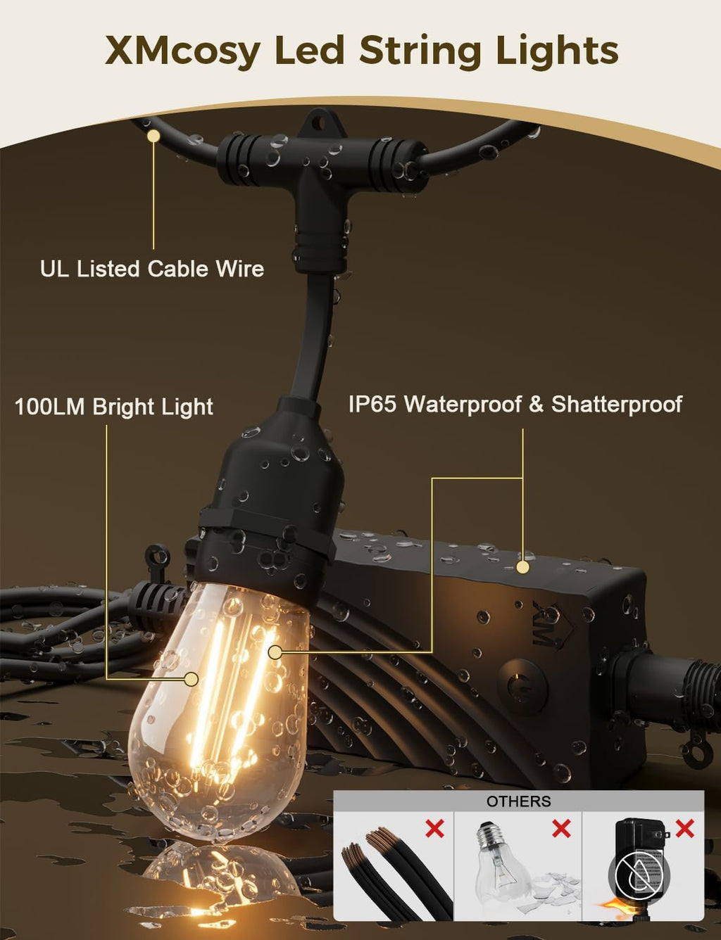 XMCOSY+ Outdoor String Lights, 98FT Smart Dimmable Edison Bulb Patio Lights