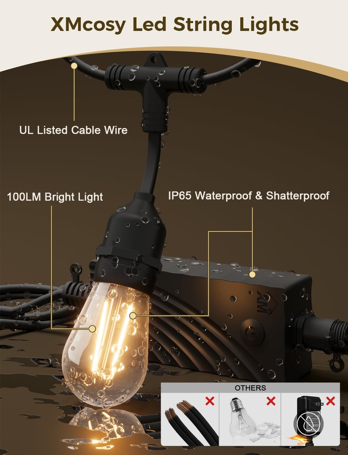 XMCOSY+ Outdoor String Lights, 98FT Smart Dimmable Edison Bulb Patio Lights