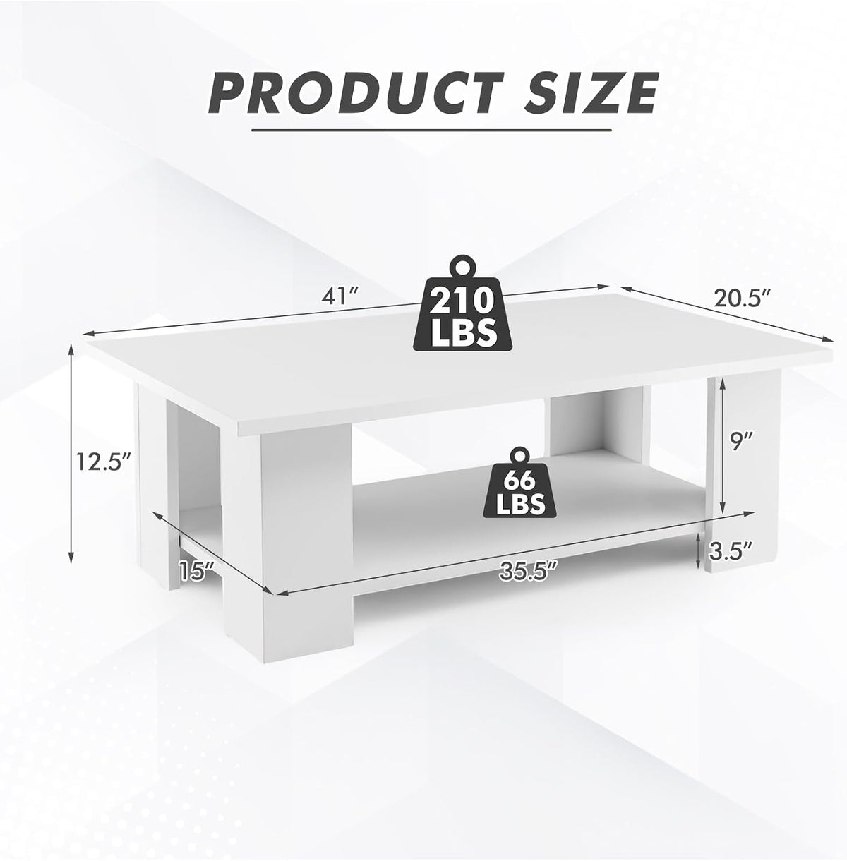 Tangkula 2-Tier Coffee Table, Modern Rectangular Center Cocktail Table with 5 Support Legs, Wooden Accent Living Room Furniture, Small Coffee Table for Small Spaces, Easy Assembly (White)