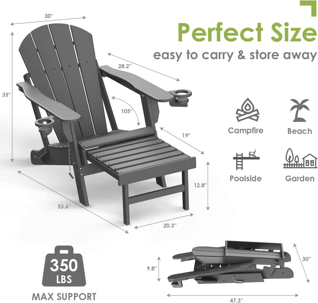 GREENVINES Folding Adirondack-Chairs-with-Ottoman Set of 2, HDPE, Grey