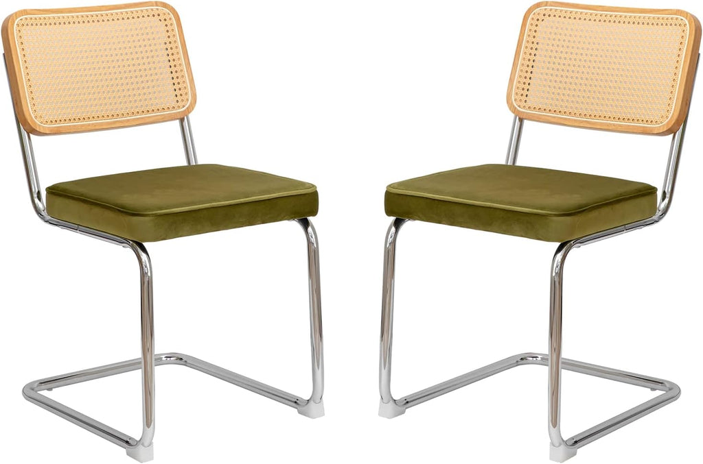 MFFM Rattan Dining Chairs Set of 2, Green Velvet Dining Room Chair with Solid Back and Chrome Legs, Modern Mid Century Designed Chairs for Dining,Living Room,Kitchen Chairs (Olive Green-2pcs)