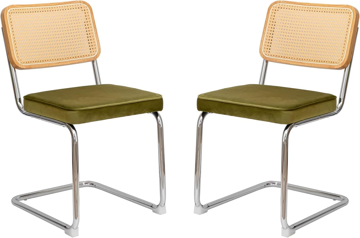 MFFM Rattan Dining Chairs Set of 2, Green Velvet Dining Room Chair with Solid Back and Chrome Legs, Modern Mid Century Designed Chairs for Dining,Living Room,Kitchen Chairs (Olive Green-2pcs)