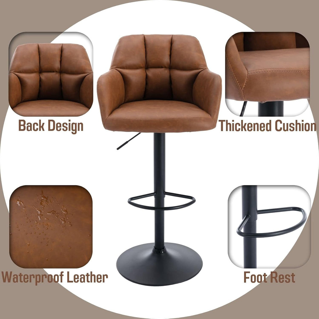 ROCITY Swivel Bar Stools Set of 6 Leather Kitchen Counter Stool Chair Upholstered Island Chairs Adjustable Barstool with Back, Brown Bar Stools