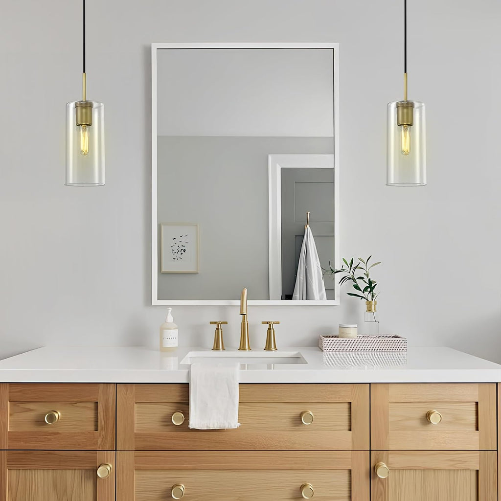 Modern Brass Pendant Lights Kitchen Island Glass Pendant Light Fixtures, 9.5'' Farmhouse Clear Glass Cylinder Pendant Light, Gold Kitchen Pendant Lighting over Island Sink, E26 Bulb Included