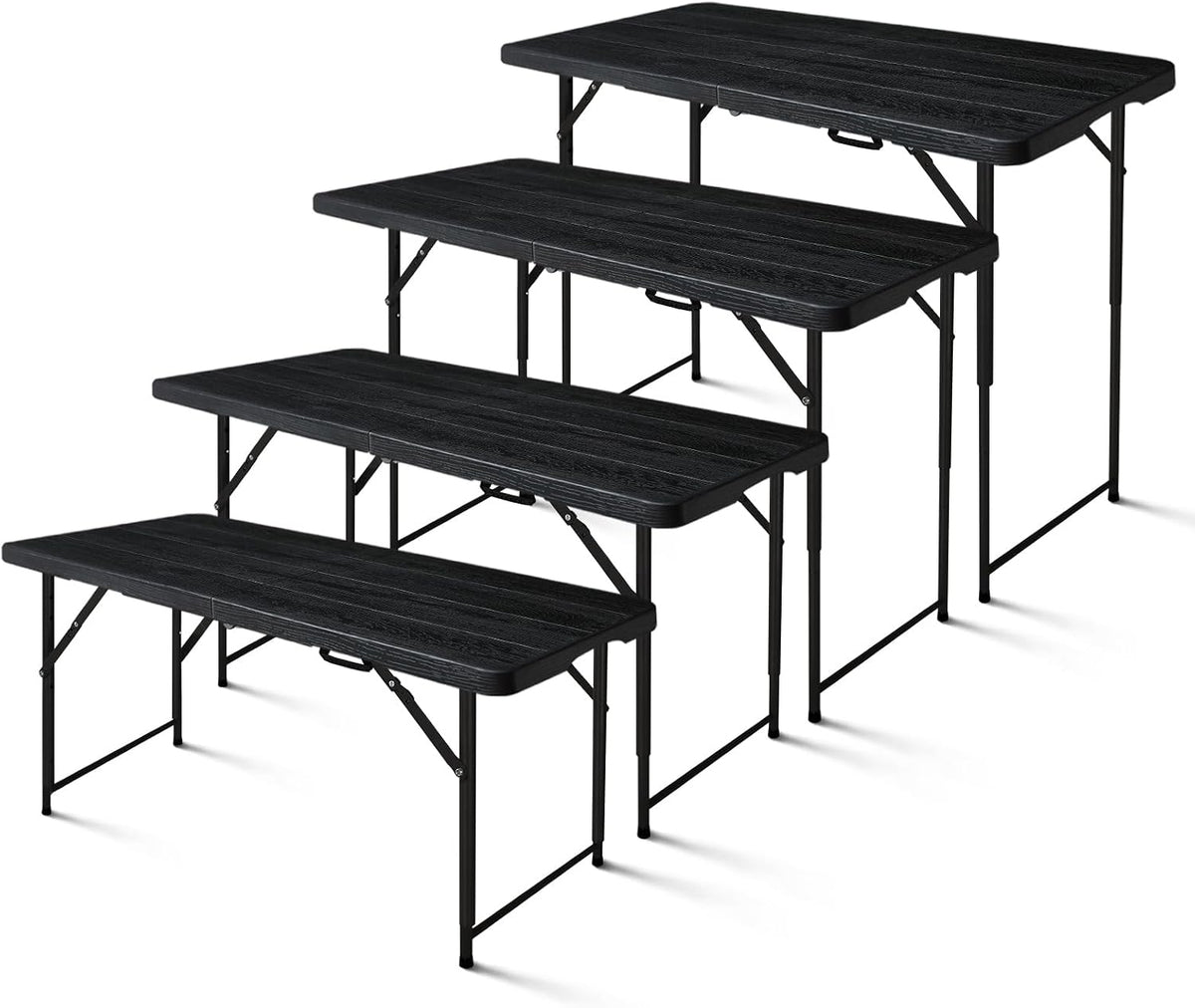 4ft Folding Table, Portable Fold-in-Half Adjustable Height Utility Table for Indoor/Outdoor Use, Durable HDPE & Steel, Stable & Lightweight, Multi-Purpose, Black Woodgrain