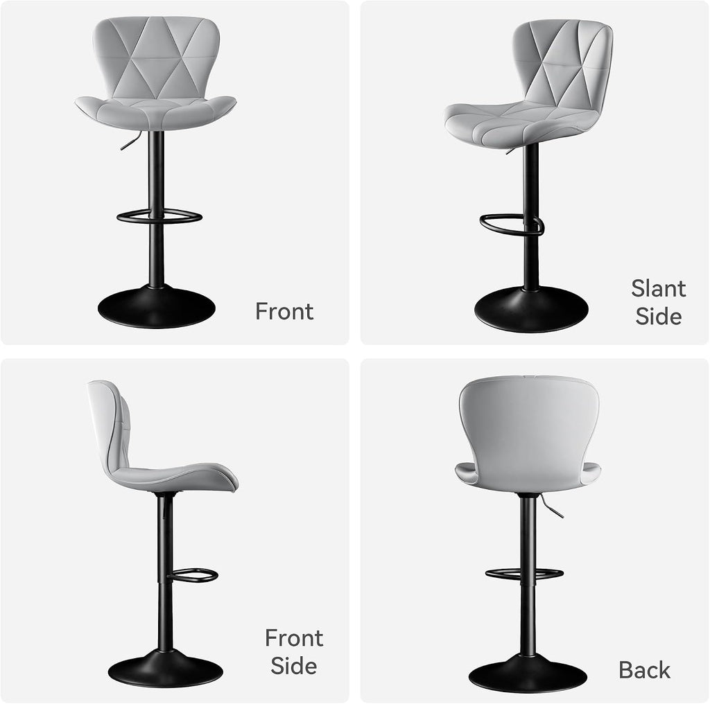 Bar Stools Set of 2,Faux Leather Bar Chairs,Upholstered Counter Height with High Backrest for Kitchen Island, Light Grey