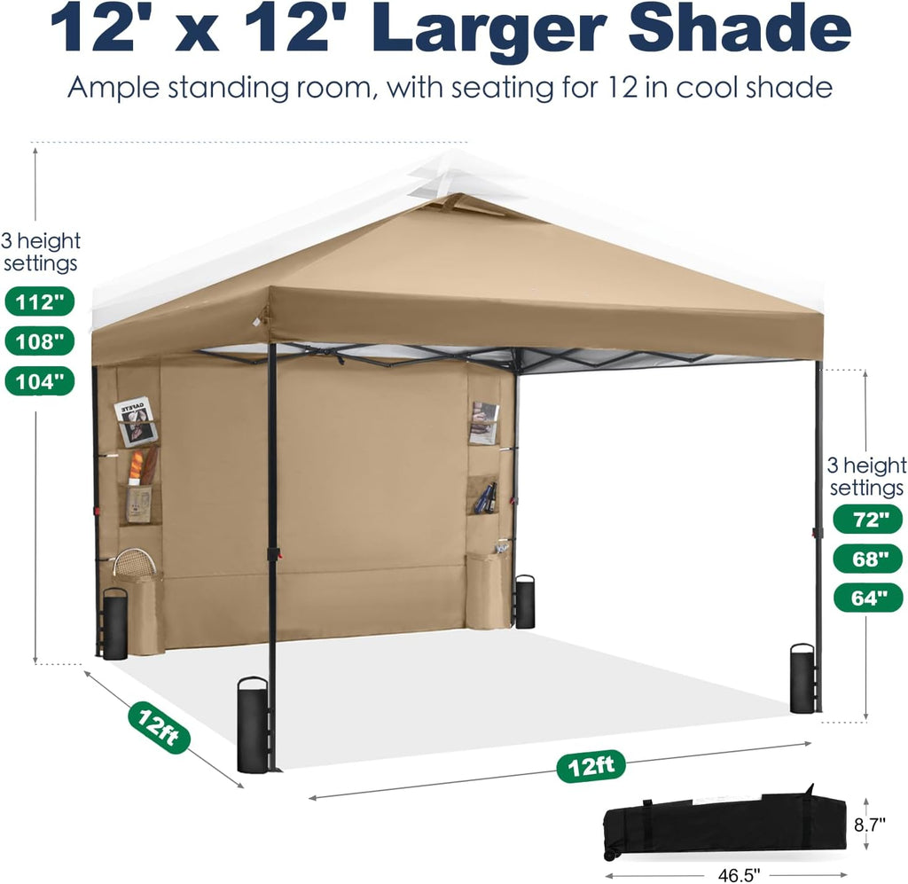 GAFETE Pop Up Canopy Tent Outdoor Sidewall One Push (Sand, 12X12)
