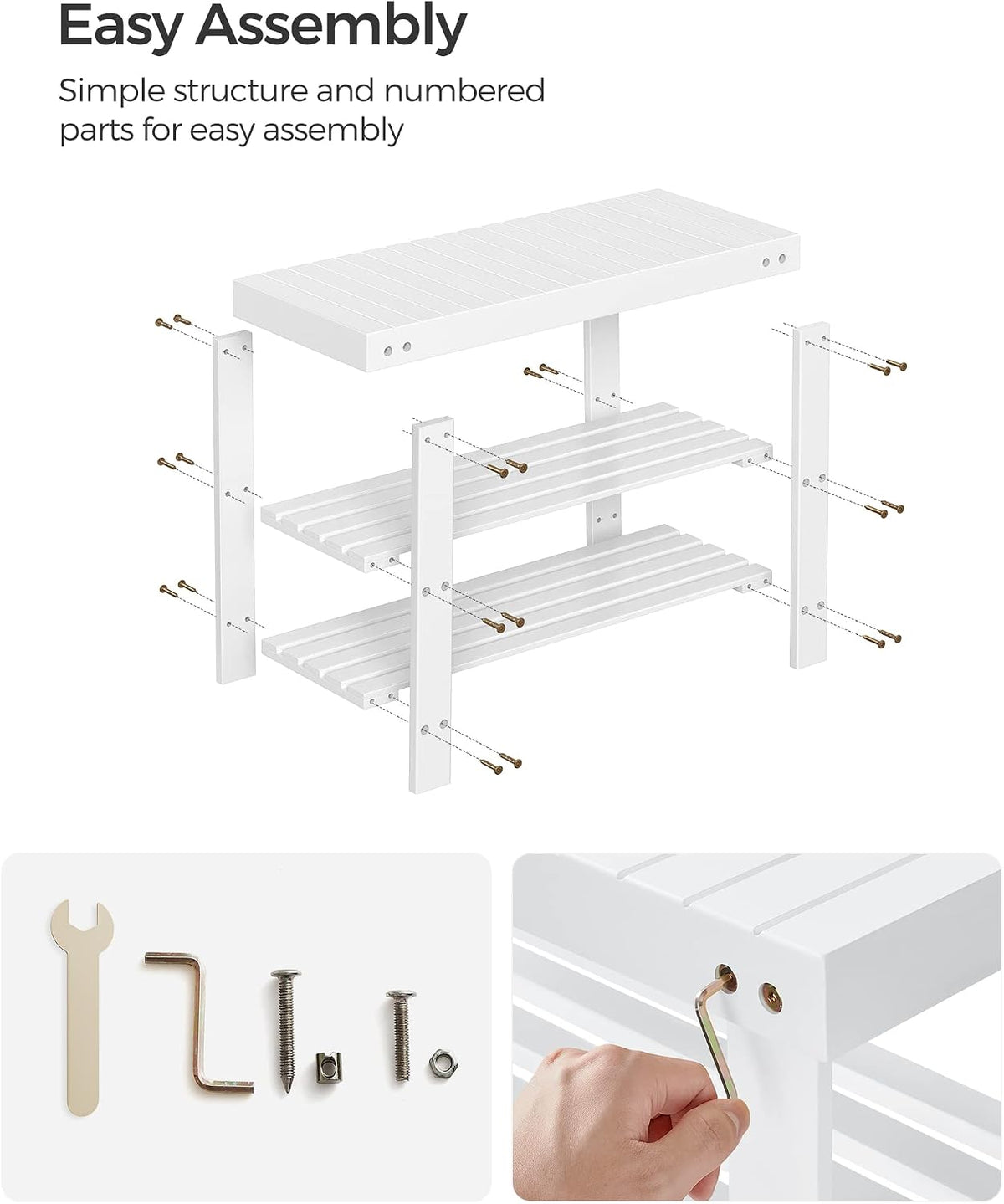 SONGMICS Shoe Rack Bench, 3-Tier Bamboo Entryway Bench, 27.6 Inches Width