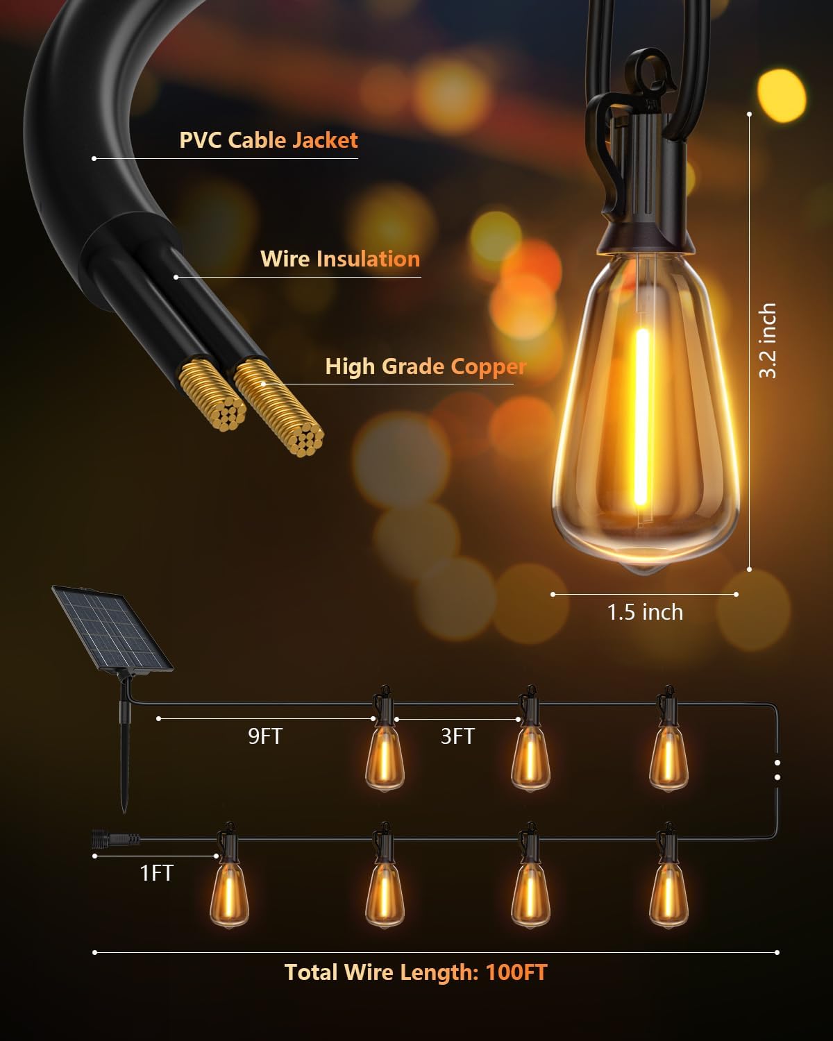 brightown 100ft solar string lights outdoor, 31+2 shatterproof, package contents