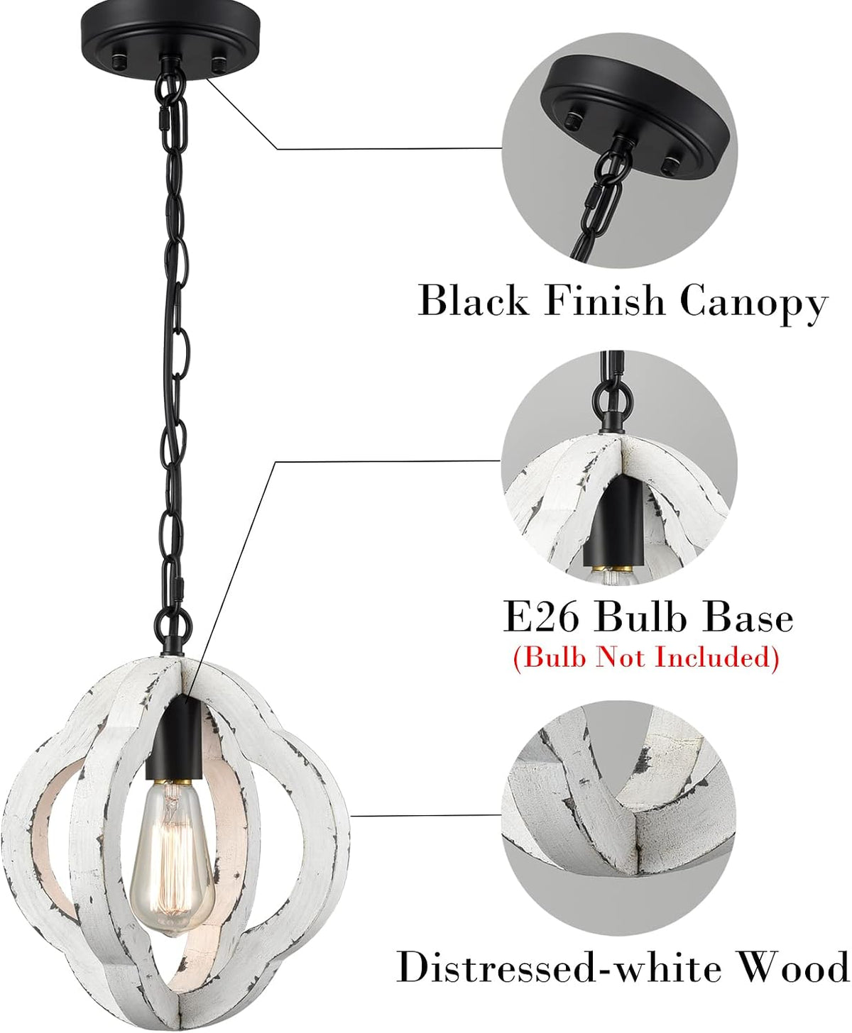 samteen farmhouse wood pendant light with adjustable chain, close-up detail
