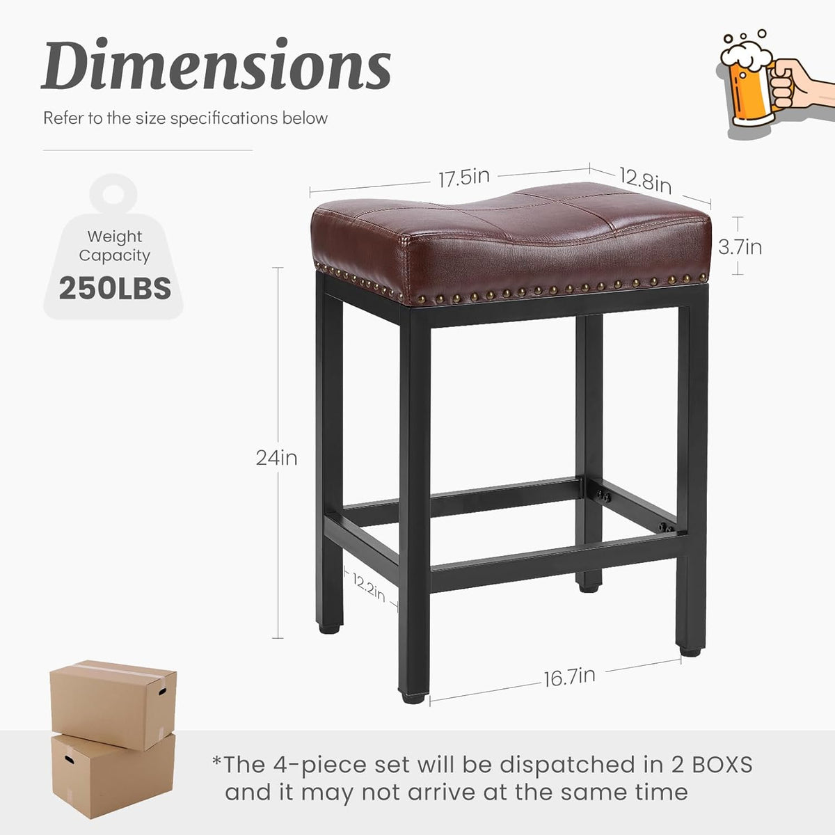 DUMOS 24 Inch Counter Height Bar Stools Set of 4, Kitchen Island, Brown