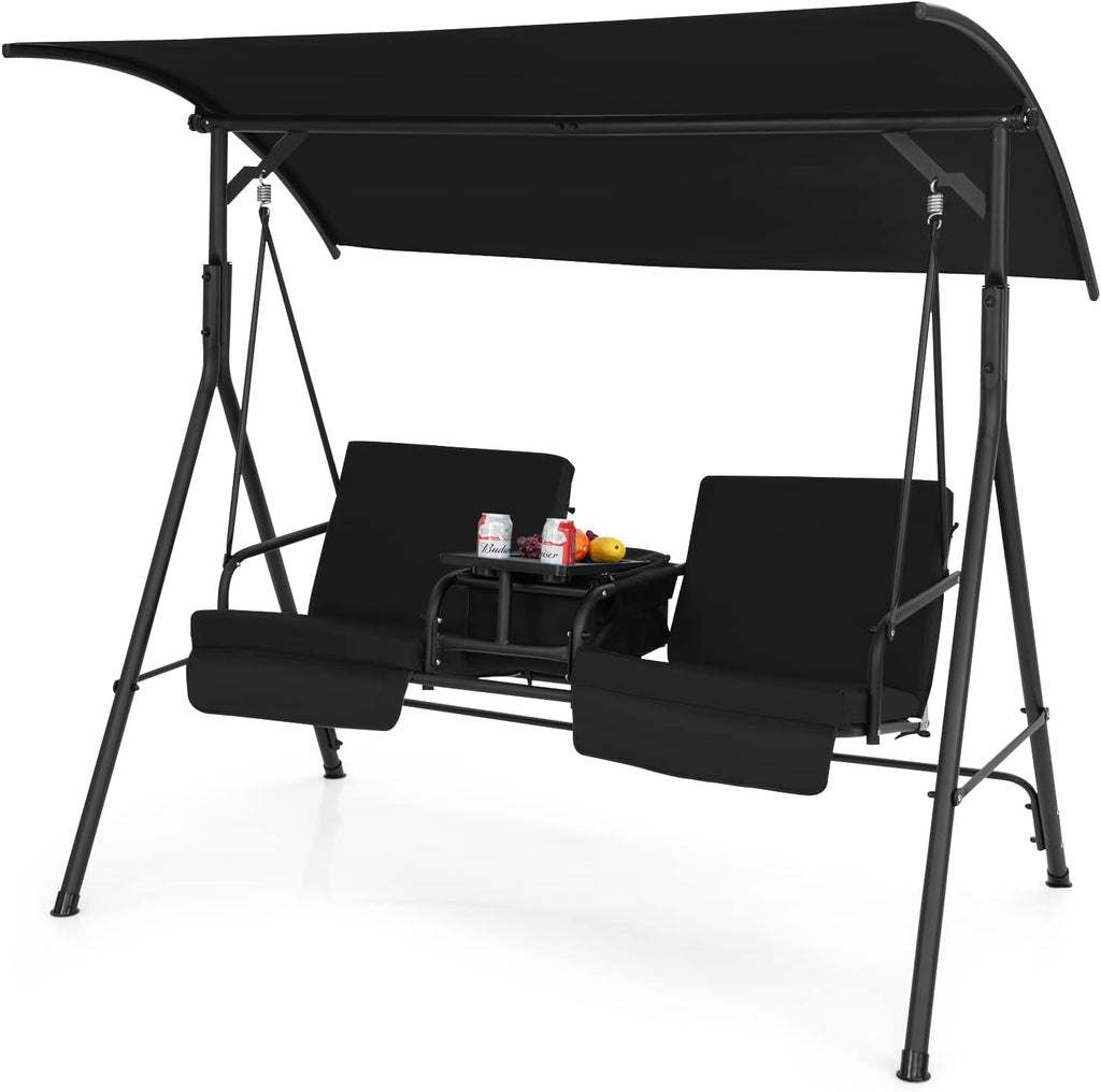 Tangkula 2 Person Porch Swing with Cooler Bag, Black
