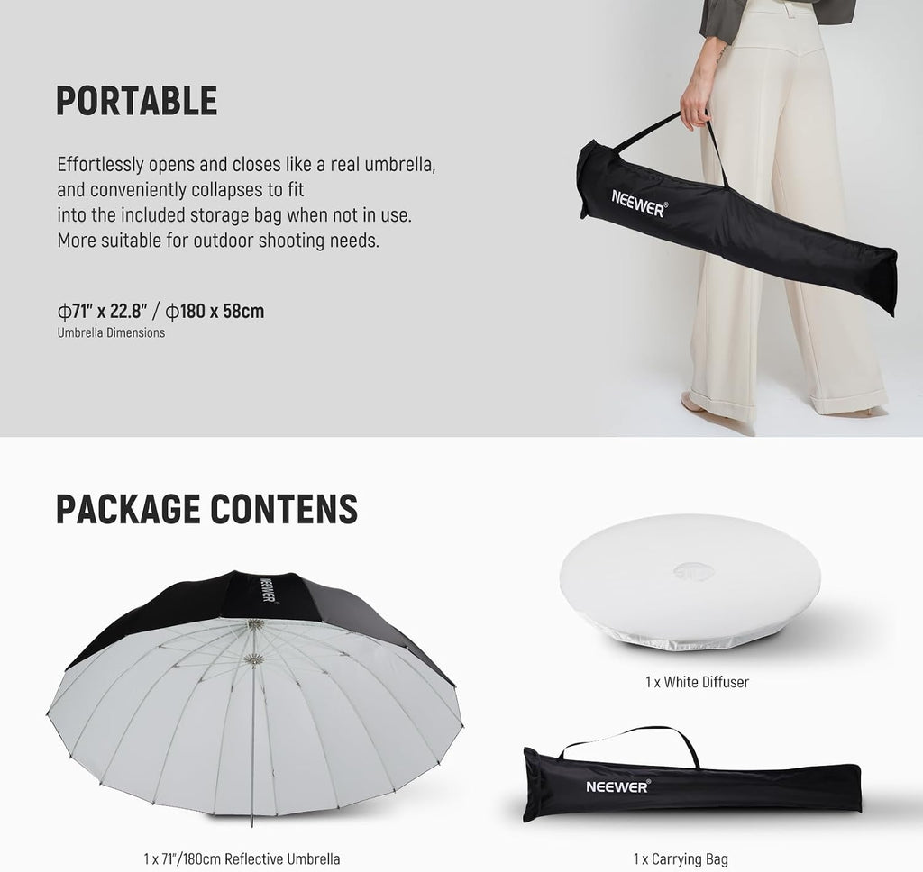 NEEWER 71"/180cm Parabolic Reflective Umbrella Photography w White Inner