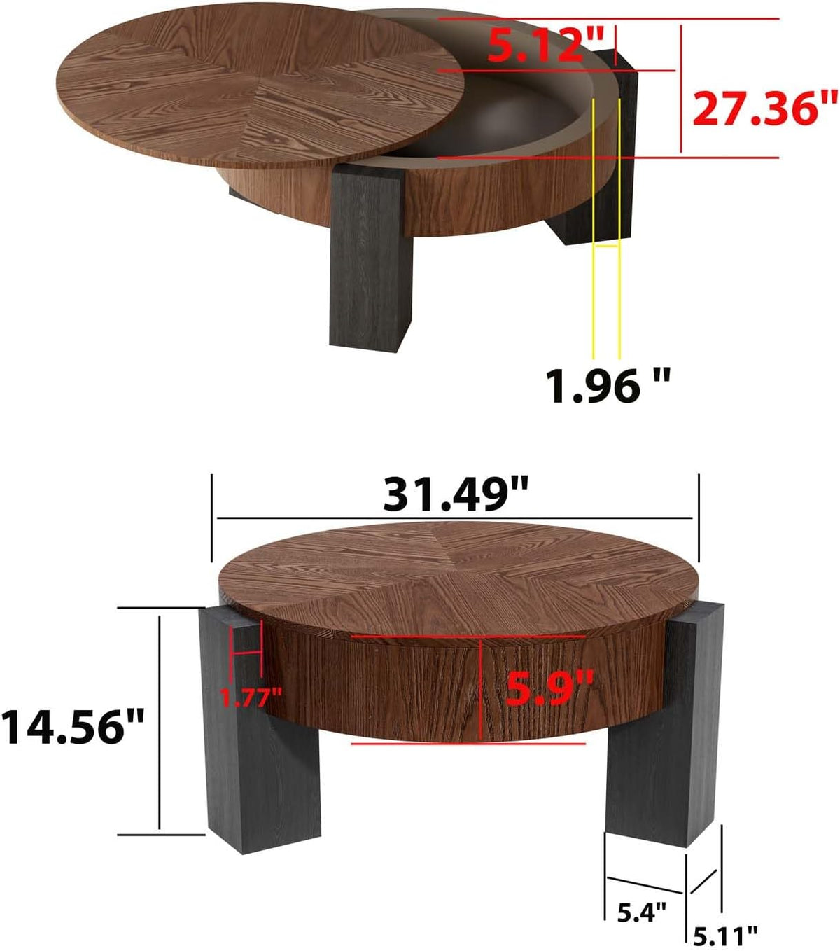 Round Coffee Table with Hidden Storage & 3 Block Legs